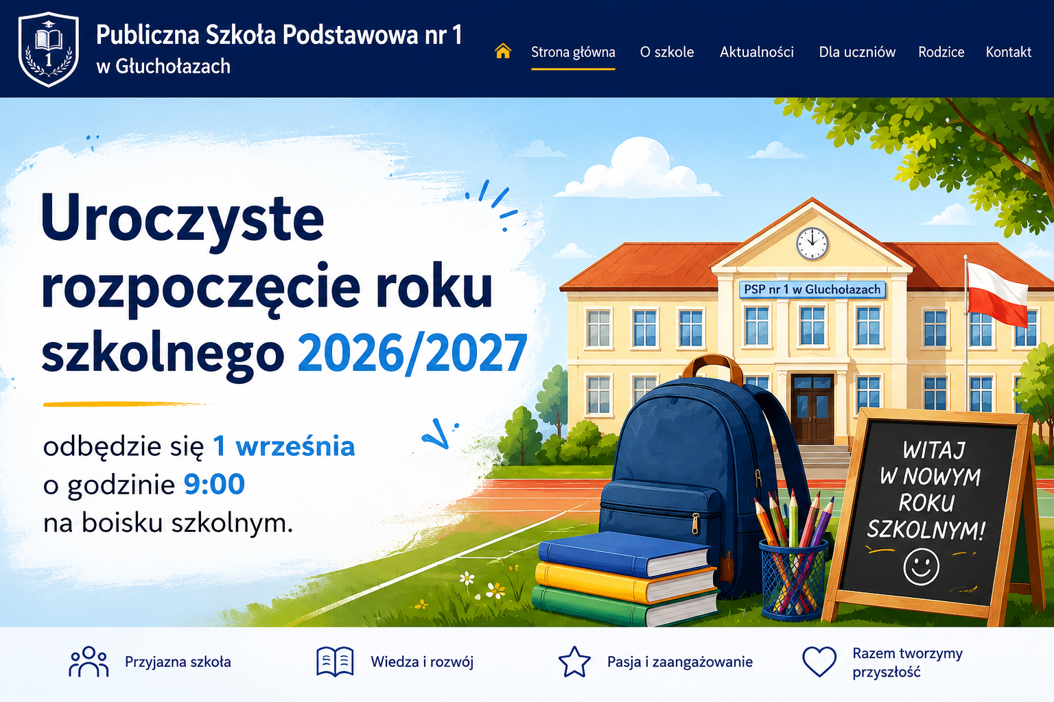 Grafika przedstawiająca szkołę i rozpoczęcie roku szkolnego